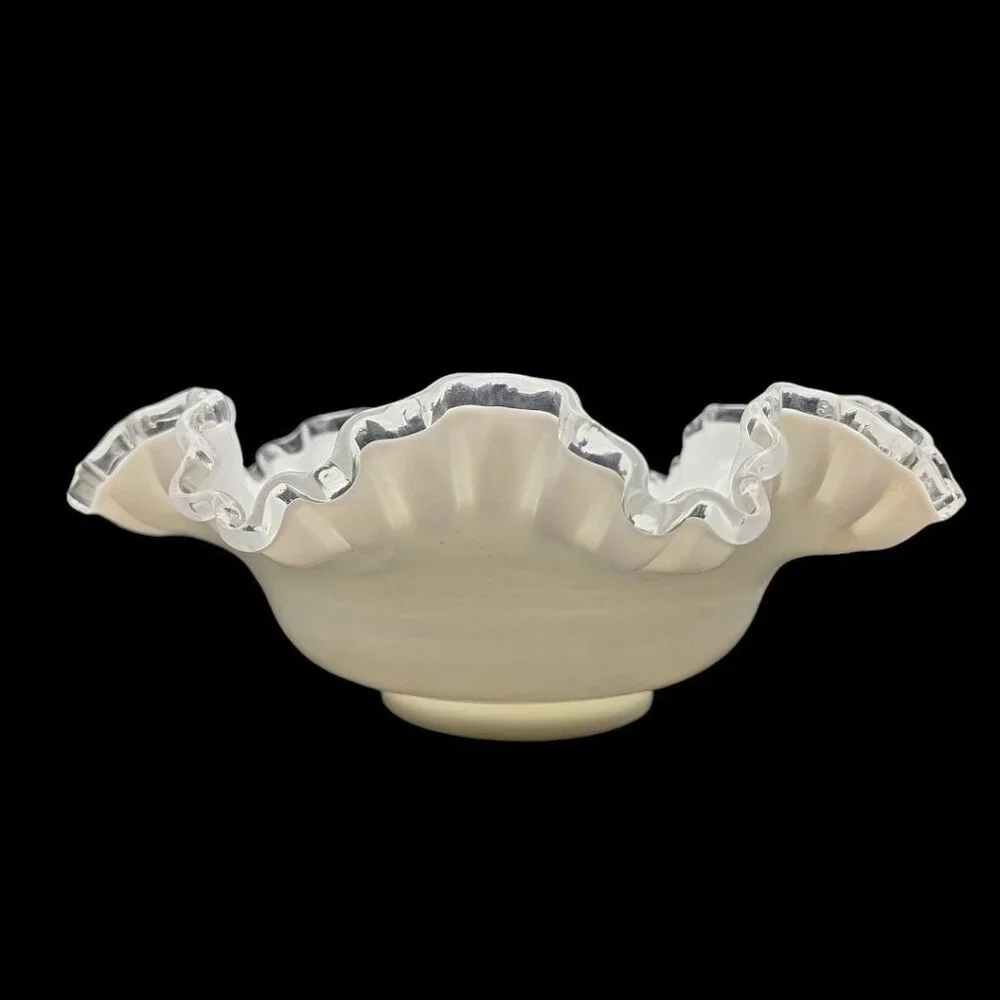 Fenton Silver Crest Ruffle‎ Bowl White Milk Glass Clear Edge 10 Inch Unmarked